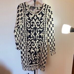 INC International Concepts Black and Cream Long Sleeve Dress